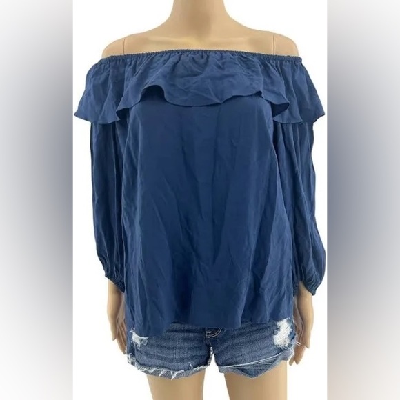 Velvet by Graham & Spencer Navy Blue Off-Shoulder Ruffle Peasant Top - Picture 5 of 5